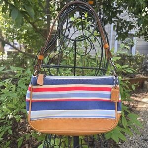 Coach Y2K Demi Striped Blue Red Canvas Tan Vachetta Leather Vintage Shoulder Bag
